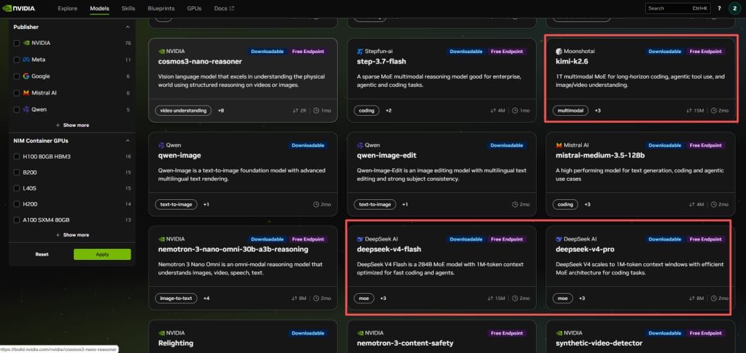 build.nvidia.com modelmarked, 77 ud af 141 modeller har gratis API-endpoint
