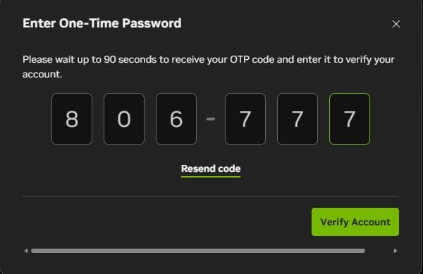 Sekscifret kode modtages på telefonen, Send Code to Phone verificeret