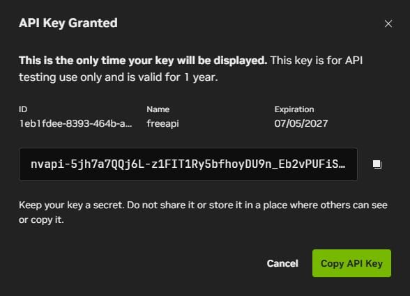 API Keys-side, Generate API Key genererer nvapi-præfikseret nøgle