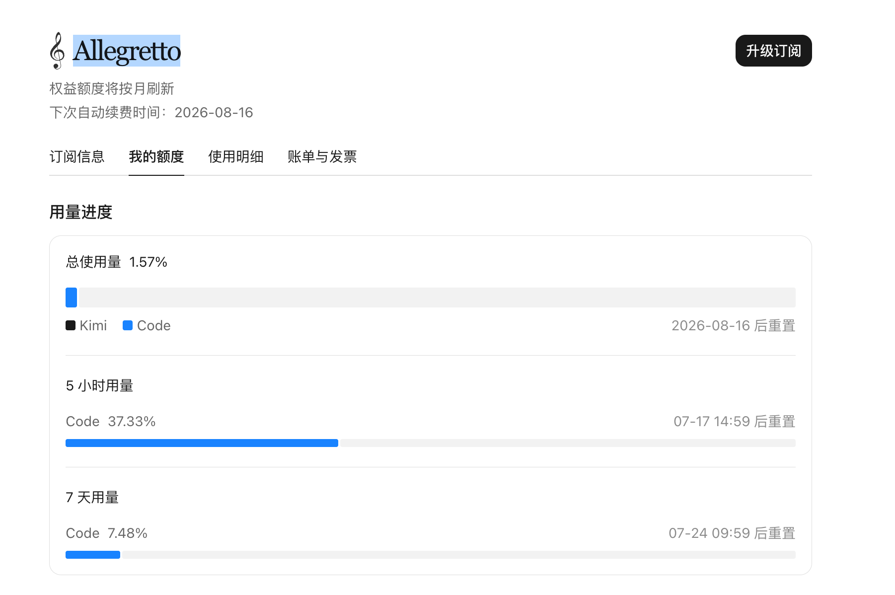 Kimi K3 Allegretto 5-hour quota usage progress screenshot